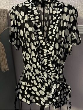 Women’s Y2K Black & White Polka Dot Wrap Blouse Size Medium
